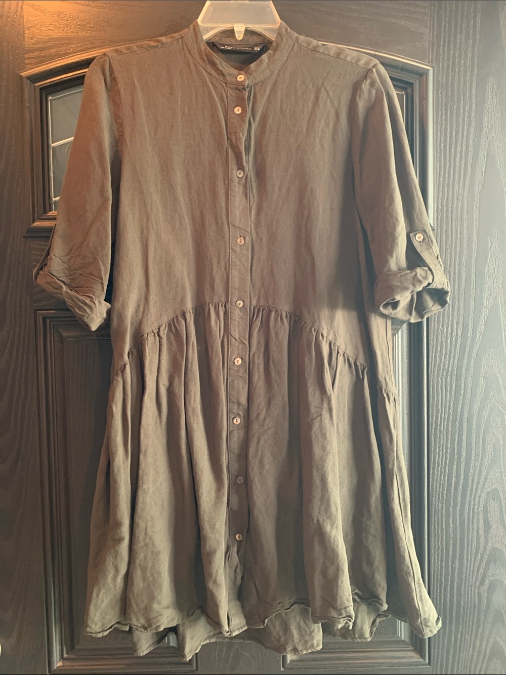 Zara Woman Linen Blend Button-Front Smock Dress in Olive Green
